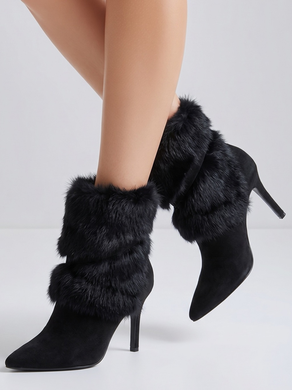 Pierre Dumas Women's Black Stiletto Heel Boots Size 9M Faux Fur Trim - Picture 1 of 9